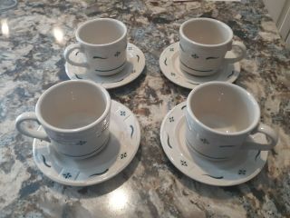 Set Of 4 Longaberger Coffee/tea Cups And Saucers Green Pattern