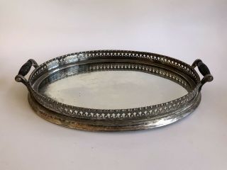 Vintage Antique Silver Plate Oval Tray With Mirror And Wooden Handles