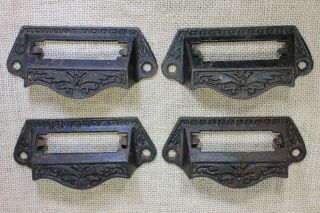 4 Old Card Holder Bin Pulls Drawer Handles 4 1/4 " Apothecary Vintage Cast Iron