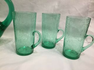 Vintage Green Vaseline URANIUM Crackle Glass Pitcher w Lid 10” & 6 Glasses 5.  5” 2