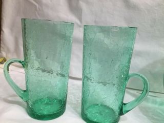 Vintage Green Vaseline URANIUM Crackle Glass Pitcher w Lid 10” & 6 Glasses 5.  5” 3