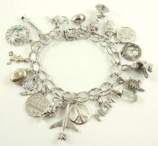 Vintage Sterling Silver Charm Bracelet With Safety Clasp 19 Charms