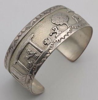 Vintage Sterling Silver Navajo Made Storyteller Bracelet Signed Hb