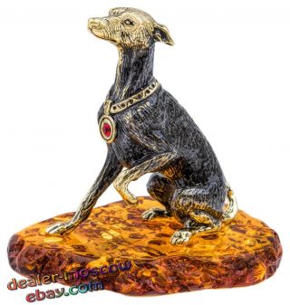 Bronze Solid Brass Baltic Amber Figurine Dog Italian Greyhound Statuette