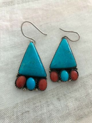 Vintage Native American Navajo Sterling Turquoise And Coral Earrings