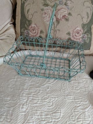 Vintage French Metal Wire Garden Gathering Basket W Moveable Handle Green Chippy
