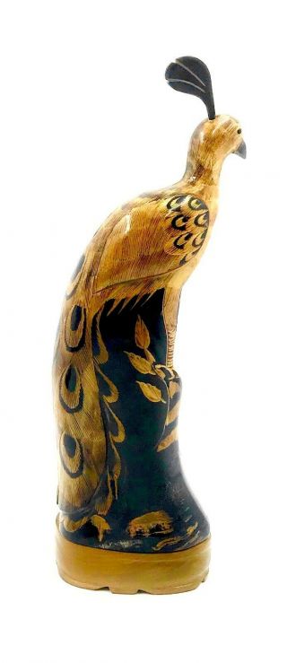 Hand Carved Water Buffalo Horn Scrimshaw Peacock Carving 11 " Usa Seller
