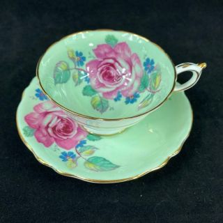 1940s Vintage Paragon England Large Cabbage Rose Pale Green Cup And Saucer