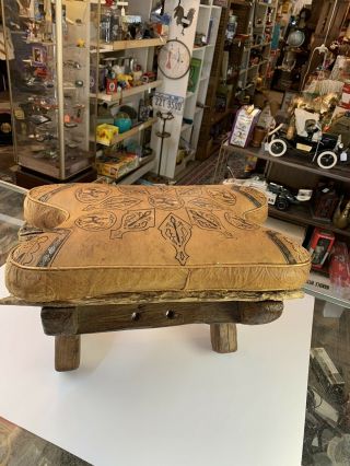 Vintage Antique Camel Saddle Middle Eastern Brown Wood Footstool Ottoman Stool