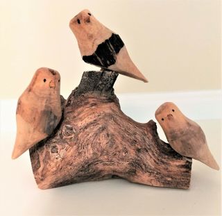 3 Folk Art Handcarved Birds On A Branch By Hector Rascon,  Mexico Signed,  2012