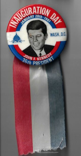 1/20/1961 John Kennedy Inauguration Day Pin With Red White Blue Ribbon Attached