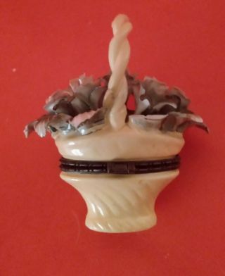 Older Vintage ? Brass Hinged Porcelain Ceramic Basket Of Roses Trinket Box