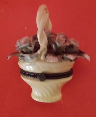Older Vintage ? Brass Hinged Porcelain Ceramic Basket of Roses Trinket Box 2