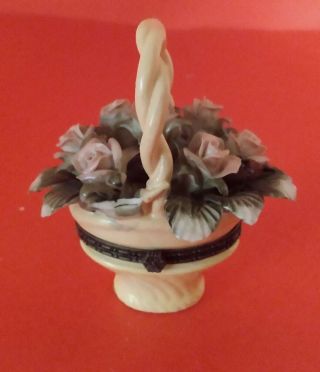 Older Vintage ? Brass Hinged Porcelain Ceramic Basket of Roses Trinket Box 3