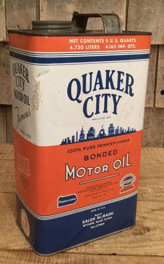 Early Vintage Post Wwii 5 Qt Quaker City Motor Oil Bonded Tin Can Saudi Arabia
