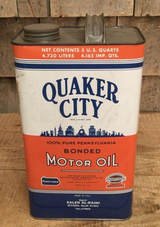 Early Vintage Post WWII 5 Qt QUAKER CITY Motor Oil Bonded Tin Can Saudi Arabia 2