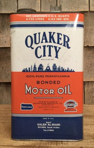 Early Vintage Post WWII 5 Qt QUAKER CITY Motor Oil Bonded Tin Can Saudi Arabia 3