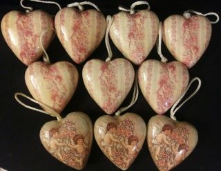 Set Of 10 Vintage Heart Shaped Cherub Paper Mache Ornaments