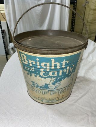 4 Lb.  VINTAGE BRIGHT AND EARLY COFFEE TIN HANDLE/Lid DUNCAN COFFEE CO. 3