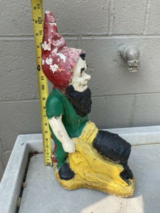 Awesome Vintage Antique 17” Concrete Cement Garden Gnome Statue with Wheelbarrow 2