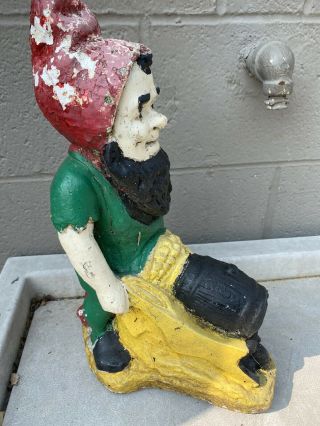 Awesome Vintage Antique 17” Concrete Cement Garden Gnome Statue with Wheelbarrow 3