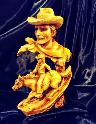 Western Cowboy On Horse Faux Carved Wood Look Figurine Resin 7.  5 Inch Long