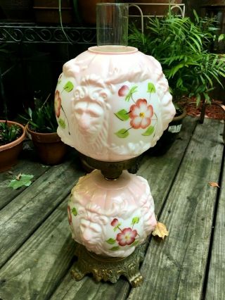 Vintage Pink Milkglass Gone With The Wind Lamp Lion Face Embossed Flowers