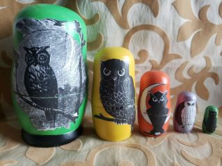 Hand - Crafted Nesting Dolls (5) Vtg Halloween Owl Graphics One Of A Kind Set
