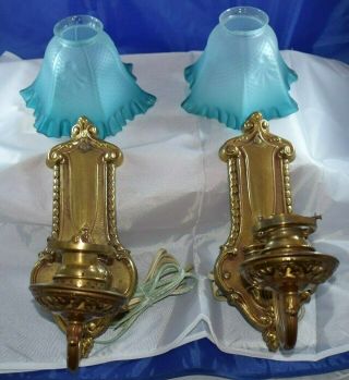 2 Vintage Brass Wall Sconces Lights W/antique Blue Ruffled Shades Electric $25