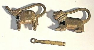 Vintage Locks Brass/bronze Elephant & Chinese Foo Dog Locks W/1 Key Both