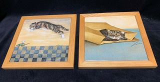 2 Lowell Herrero Framed Tiles Tabby Cat Pounce / Cat In Paper Bag 1982