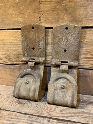 Two Antique Vintage Iron Door Rollers Hanger Cast Iron Track Old Rusty Pair