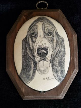 Vintage Earl Sherwan Basset Hound Dog Etched Portrait/wood Frame - Signed