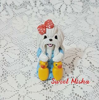 Maltese Dog Puppy Handmade Sculpture Polymer Clay Figurine Ooak