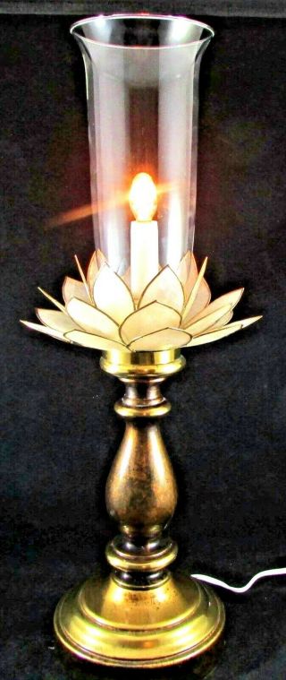 Stunning Vintage Lotus Flower Candlestick Boudoir Table Lamp Capiz Shell Shade