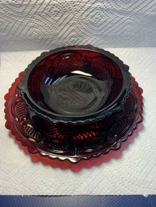 Vintage Avon Cape Cod Ruby Red Glass Round Cereal Berry Bowl & Dish Plate Set A