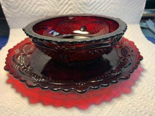 Vintage Avon Cape Cod Ruby Red glass round Cereal Berry Bowl & Dish Plate Set A 2