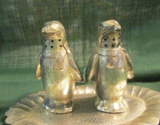 Vintage Salt And Pepper Shakers Penguins Silver Plated W/tray Occupied Japan