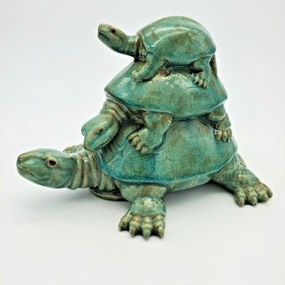 Vintage Large 3 Tier Turtle Tortoise Green Glazed Pottery Ceramic Art Figurine