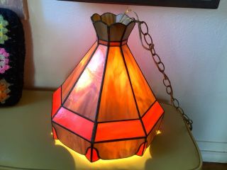 Vtg Tiffany Style Hanging Swag Lamp Light Chandelier Retro Stained Leaded Glass