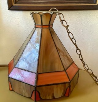 Vtg Tiffany style Hanging Swag Lamp Light Chandelier Retro Stained leaded Glass 3