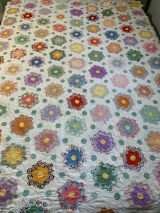 Vintage Quilt Top Grandmothers Flower Garden Hand Pieced 70x72 Great Old Fabric
