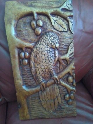 Vintage Hand Carved Wooden Wall Panel Plaque Bird On Tree 20x10