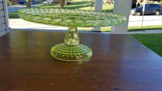 Vintage Vaseline Glass Cake Stand Plate Central Glass Ribbed Rope Pattern