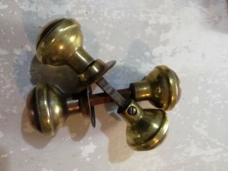 2 X Pairs Of Small Old Brass Door Handles With One Backplate Each Pair