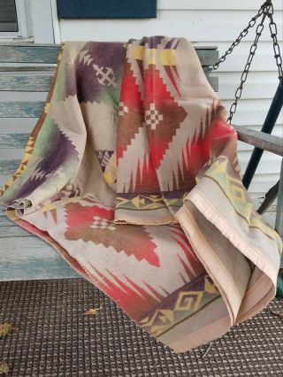 Vintage Indian Camp Southwest Cotton Blend Blanket Tan Red Green 72x74