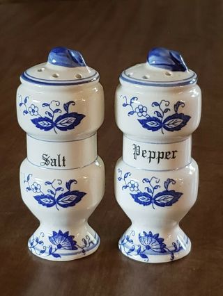 Vintage Cobalt Blue Flowers On White Salt & Pepper Shakers Japan