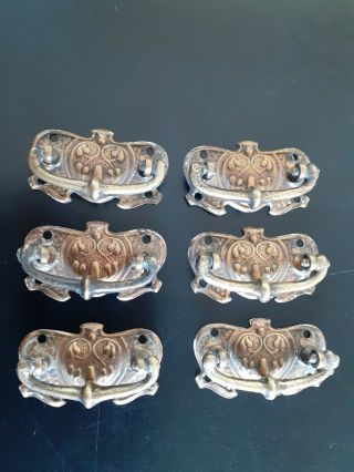 Set Of 6 Antique Brass Drawer Handles Art Nouveau