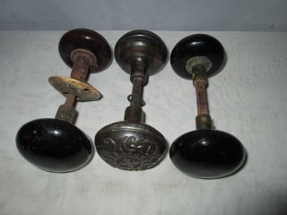 Set Of 6 Antique Door Knobs Double Ornate Metal Black And Black Brown Porcelain