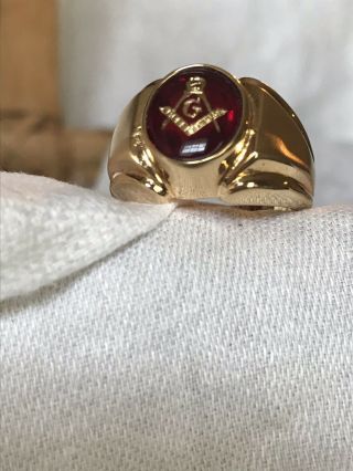 MASONIC LODGE RING RED OVAL STONE 18K HGE GOLD CLASSIC STYLE SIZE 9 MADE IN USA 2